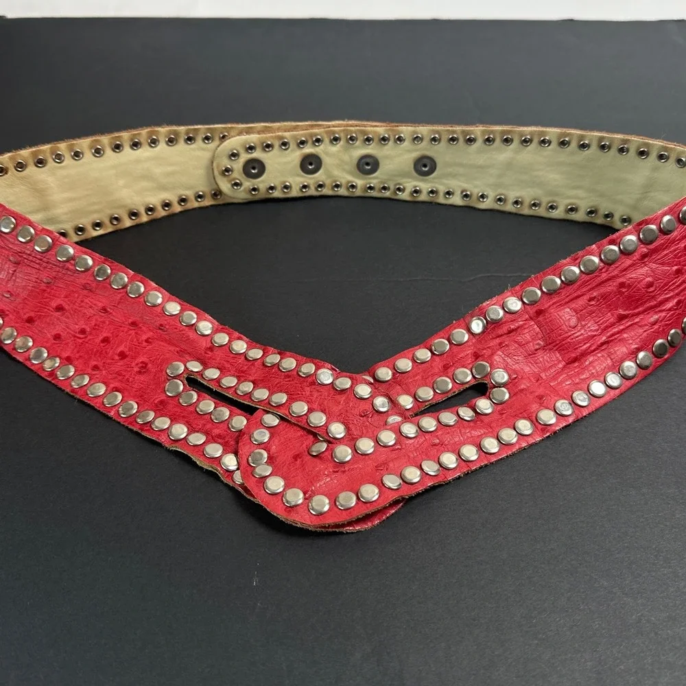 Vintage Genuine Ostrich Leather Belt L Red Silver Studded Cummerbund Adjustable